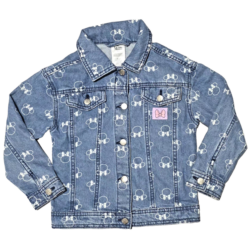 Disney Minnie Mouse Girls Denim Jacket Size 6 All Over Print Bow Blue Jean